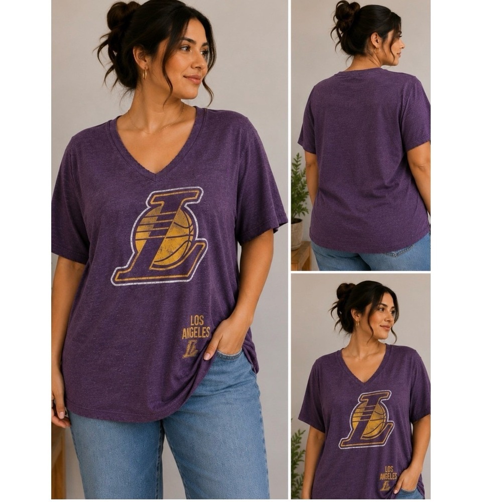 NBA Los Angeles Lakers T-Shirt Women XL Purple Excellent Distressed V-Neck Tee - Picture 1 of 6
